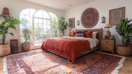 Cozy bedroom with terracotta bedding, vibrant rug, and patio view