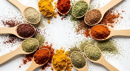 Colorful Spices and Herbs in Wooden Spoons on White Background