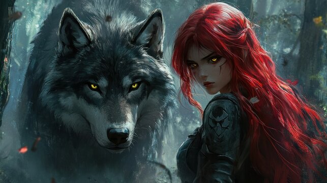 A beautiful Japanese girl with red hair and shining eyes, her wolf standing by her side in a misty forest. background wallpaper AI generated image
