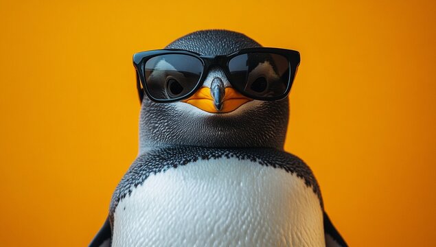 Cool penguin wearing sunglasses against a vibrant orange background.  A fun, quirky image.