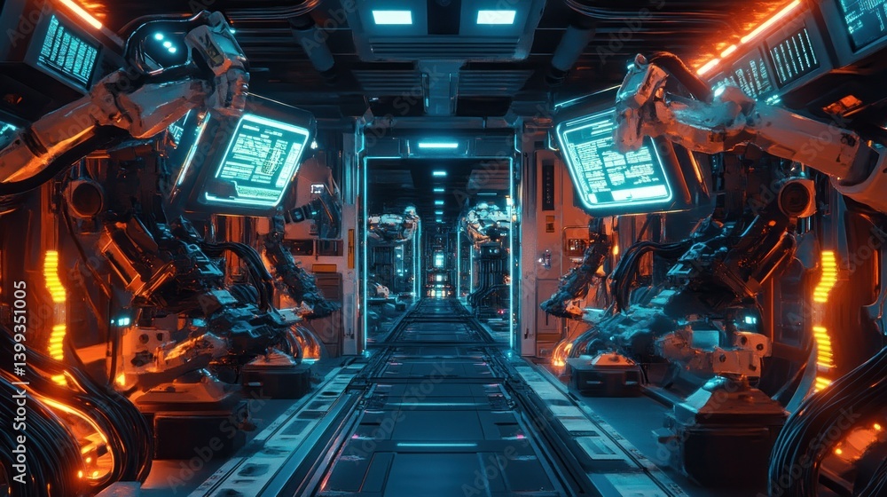 Poster futuristic ai mainframe complex system of robotic arms, glowing data streams and neon-lit channels b