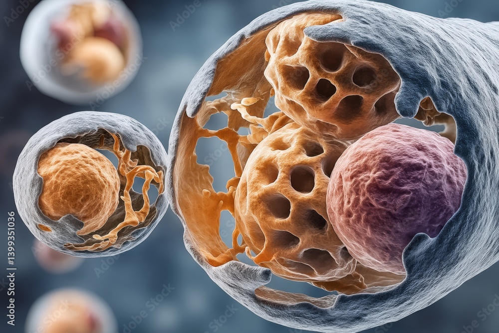 Poster a detailed illustration of cells showcasing intricate structures, emphasizing their biological compl