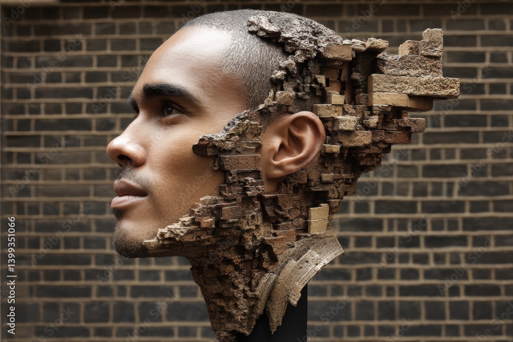 Poster a surreal portrait merging human features with abstract, fragmented structures, showcasing a blend o