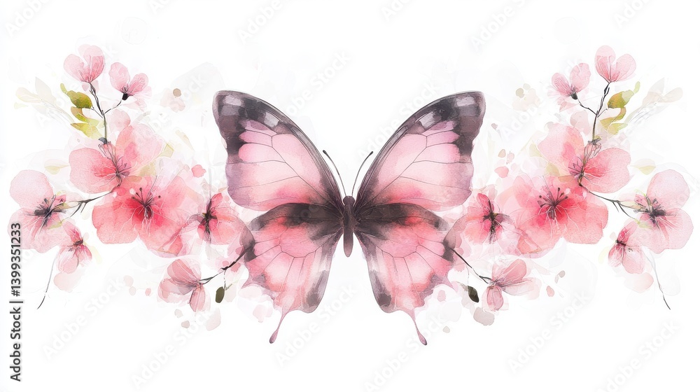 Poster a beautiful ethereal pink butterfly resting among an array of soft pastel colored cherry blossoms or