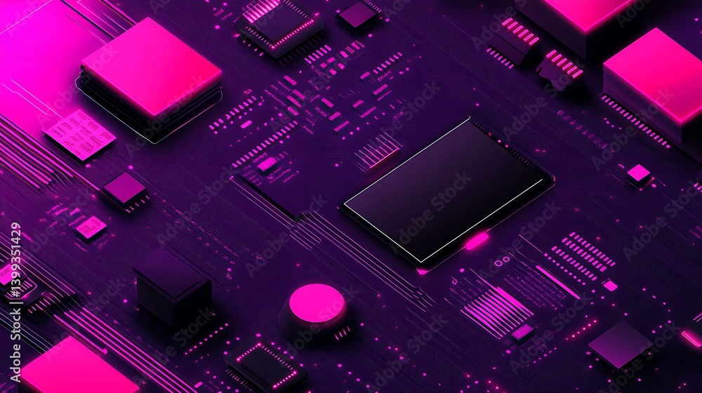 Poster futuristic integrated circuit board with glowing elements and components