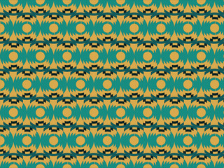 Seamless geometric pattern with bold circular shapes in teal and ochre, forming a dynamic retro-inspired textile or wallpaper design
