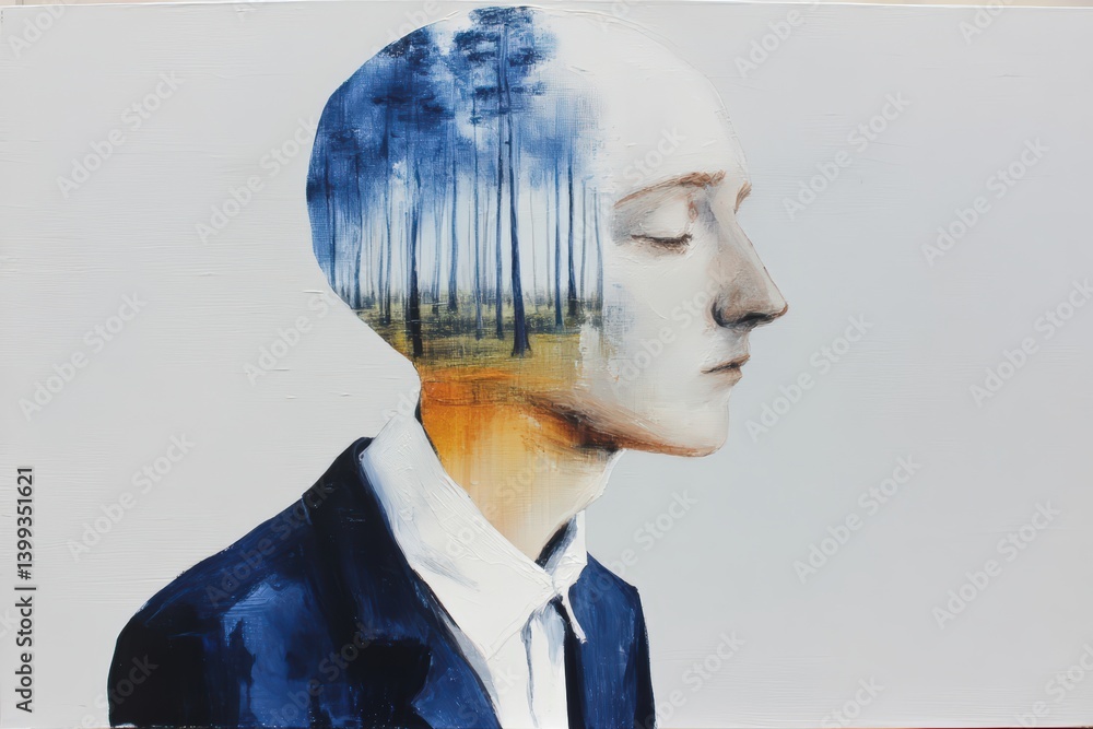 Poster a surreal portrait of a man with a forest landscape inside his head, symbolizing a connection betwee
