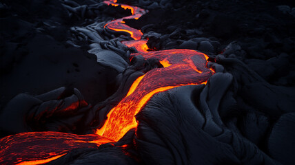 Flowing molten lava stream with bright orange-red color winding through black cooled volcanic rock surface at night with textured rippling patterns