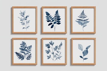 Set of six framed botanical prints featuring various fern and foliage designs in muted blue tones