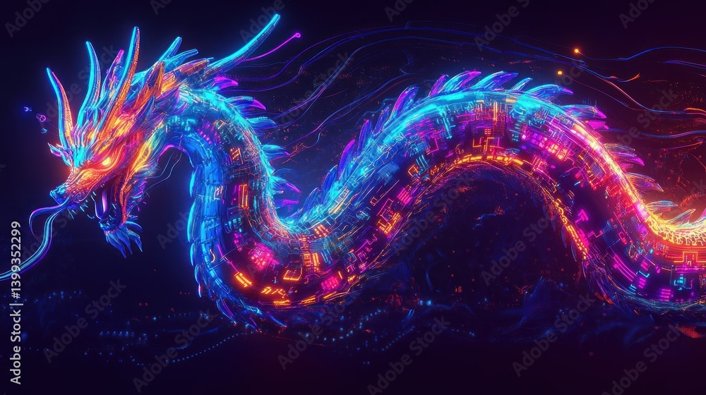 Poster a neon cyber dragon that glows with digital circuits embedded in its scales. background wallpaper ai