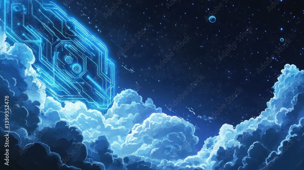 Poster a futuristic skyscape where the atmosphere is decorated with pulsating neon blue circuits. backgroun