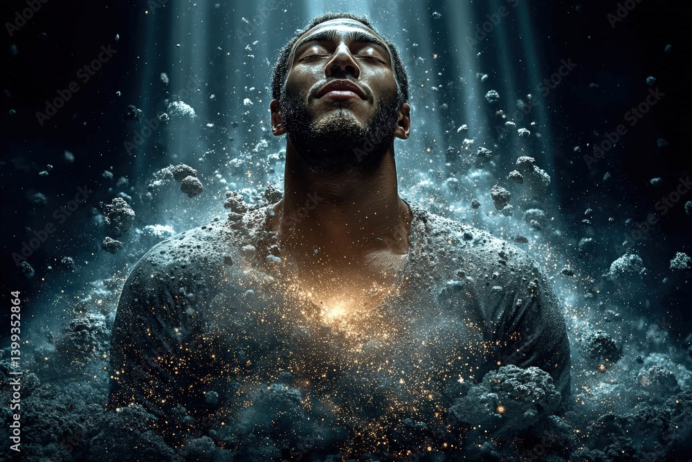 Poster a powerful image of a man emerging from a cosmic-like environment, surrounded by swirling particles 
