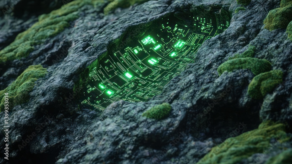 Poster futuristic stone texture covered in soft green moss, embedded with a glowing circuit matrix backgrou