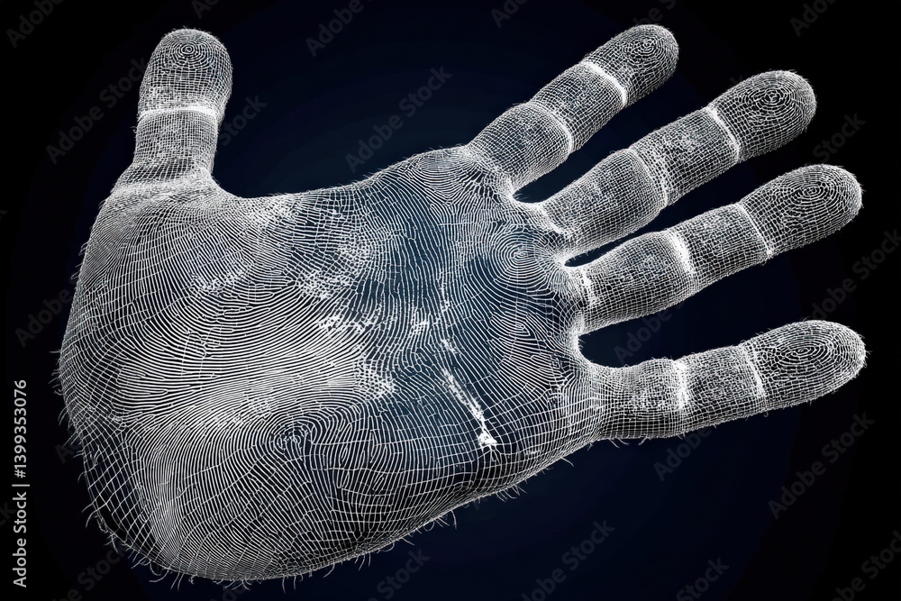 Poster a digital representation of a hand, showcasing intricate line patterns that resemble fingerprint det