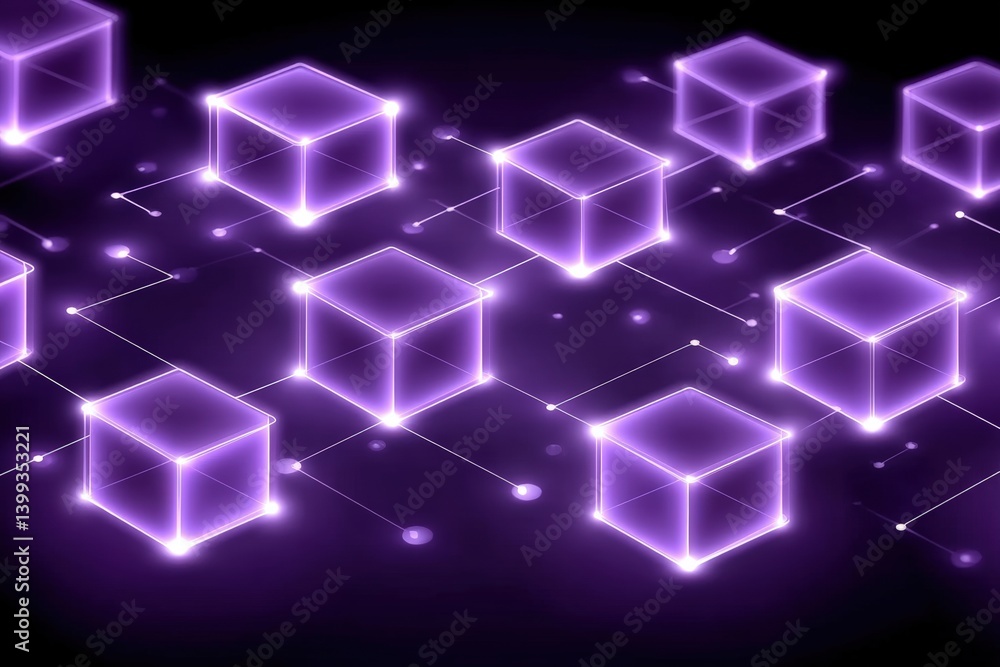 Poster a digital representation of interconnected cubes illuminated in purple, symbolizing blockchain techn