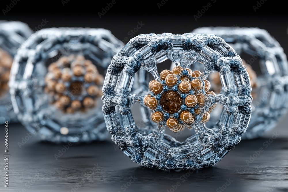 Poster a close-up view of intricate molecular structures, showcasing a blend of transparent and metallic el