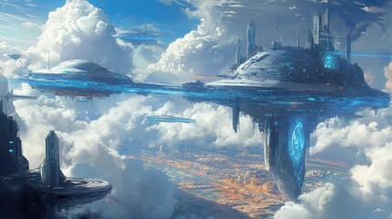 A futuristic skyscape where the atmosphere is decorated with pulsating neon blue circuits. background wallpaper AI generated image