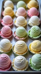 Obraz premium Assortment of pastel-colored ice cream scoops neatly arranged in a metal tray, showcasing a variety of flavors in a vibrant and appetizing presentation for dessert concepts