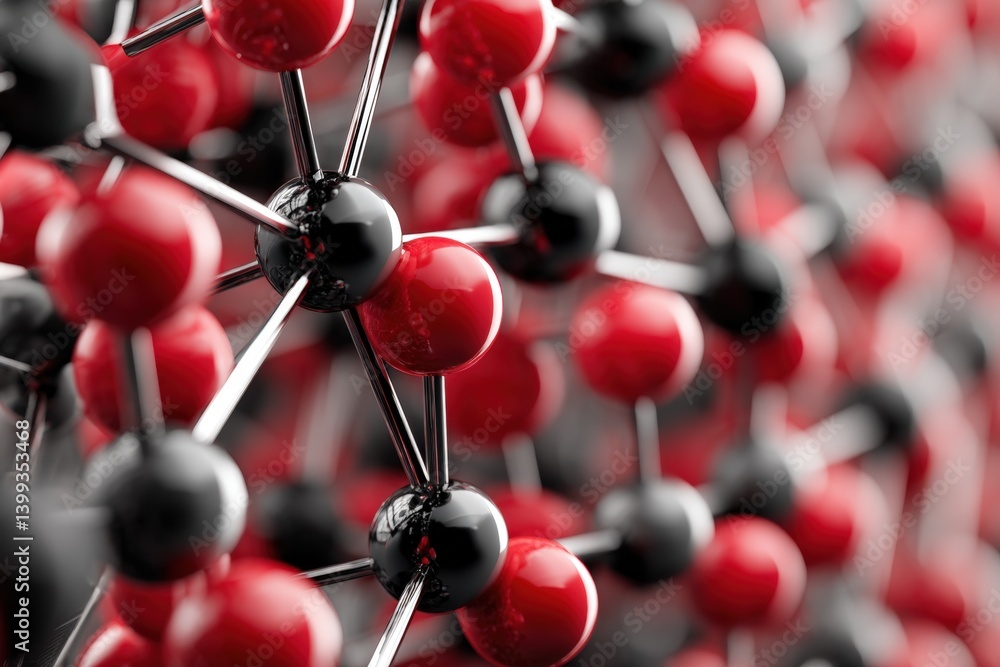 Poster a close-up view of a molecular structure featuring red and black spheres representing atoms, interco