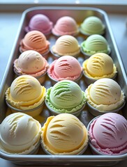 Obraz premium Assortment of pastel-colored ice cream scoops neatly arranged in a metal tray, showcasing a variety of flavors in a vibrant and appetizing presentation for dessert concepts