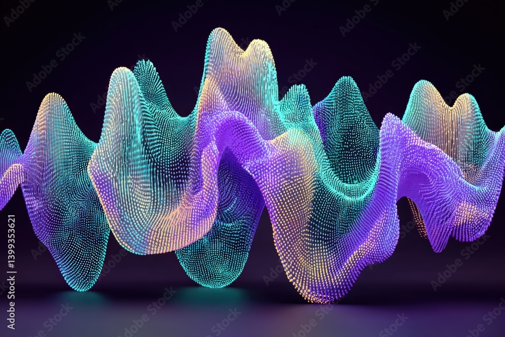 Poster a vibrant, abstract wave pattern created with colorful points, resembling sound waves or digital art