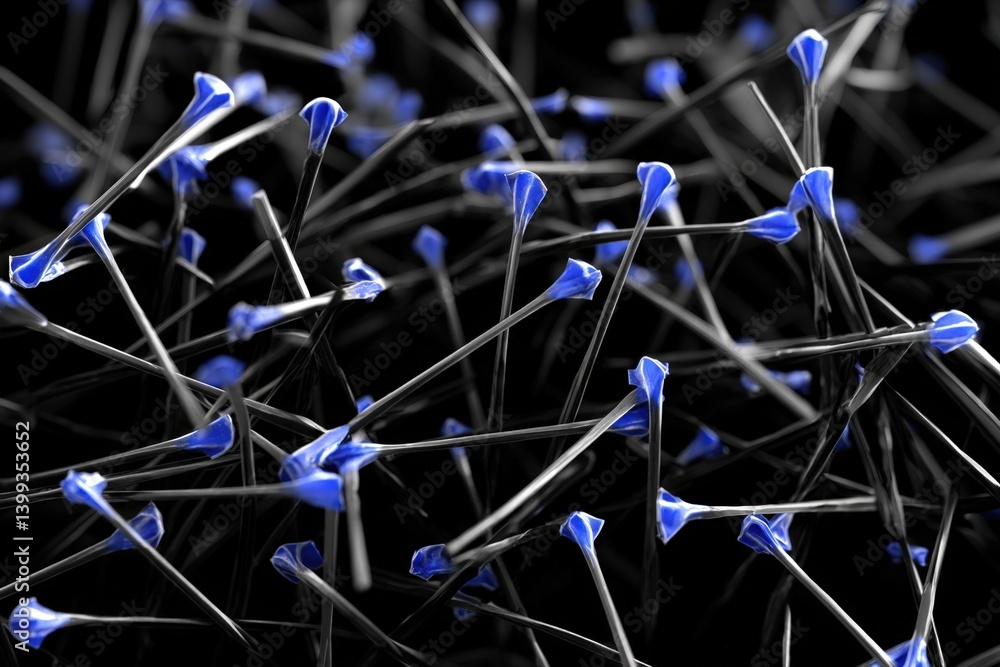 Poster a close-up view of intricate structures resembling plant-like forms in striking blue and black color