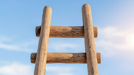 Obraz premium Rustic Wooden Ladder Against Bright Blue Sky