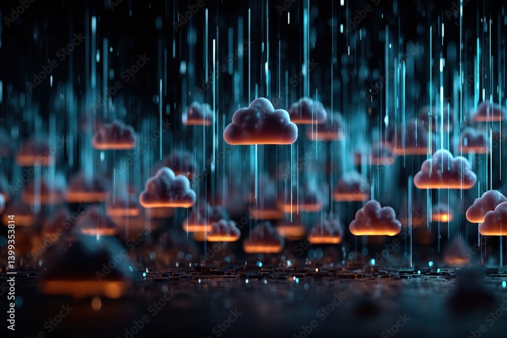 Poster a surreal depiction of glowing clouds surrounded by cascading droplets, creating a mesmerizing atmos