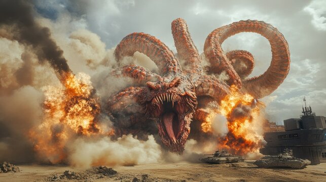 A terrifying multi-headed hydra monster spewing poison, background wallpaper AI generated image