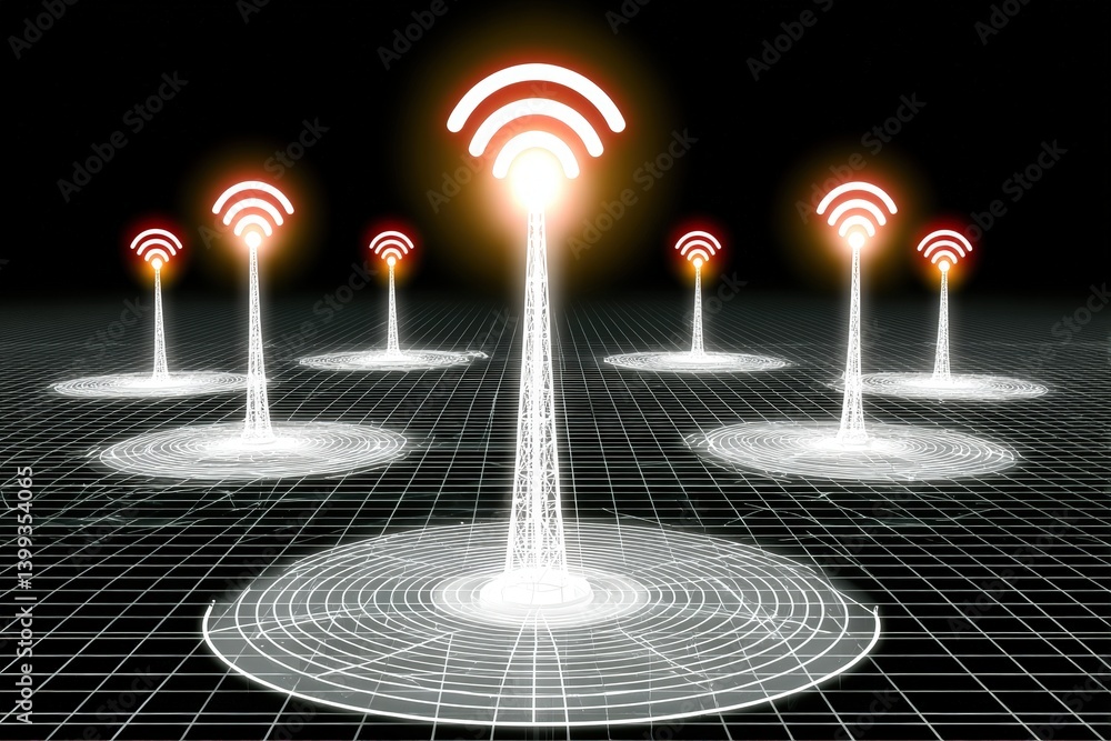 Poster a digital illustration of multiple wireless towers emitting signals in a grid pattern against a dark