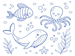Cartoon Sea Animals Illustration with Fish, Whale, Octopus, Marine Life Drawing