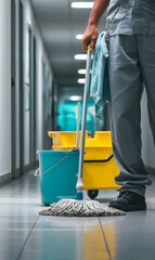 Corridor cleaning person ready to start a sanitation service in an office building