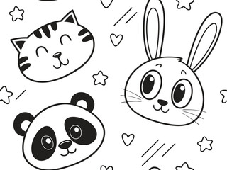 Fototapeta premium Black and White Cute Animal Faces Pattern – Panda, Bunny, Cat, Hearts and Stars