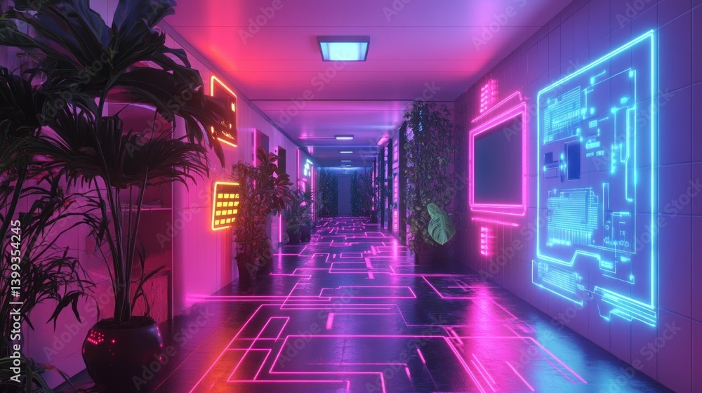 Poster digital walls with fine neon circuit lines shining, creating a high-tech atmosphere. background wall