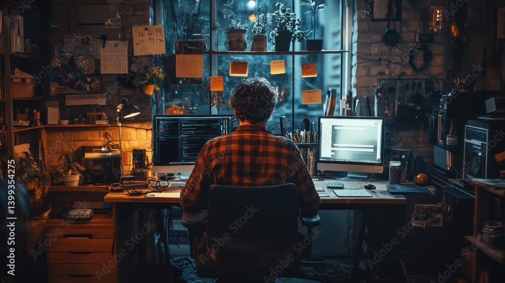 Poster a person working on multiple computer screens in a cozy workspace filled with plants and notes, illu