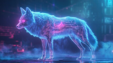 Futuristic neon wolf holographic circuits running along its body, background wallpaper AI generated image