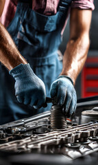 Automotive technician focused on intricate engine repair in a garage setting