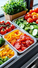 A vibrant assortment of fresh vegetables including tomatoes, cucumbers, peppers, and greens displayed in trays, highlighting healthy eating options.