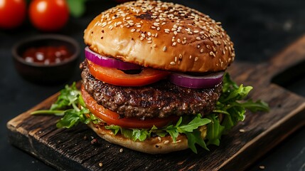 Juicy Gourmet Burger on Rustic Wooden Board
