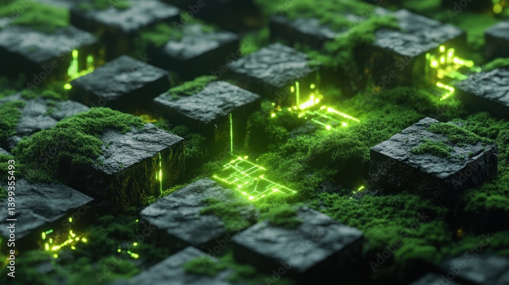 Poster futuristic of lush mossy rocks and glowing holographic circuits forming technological patterns backg