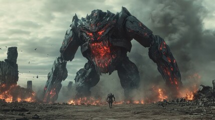 A huge robot war machine is terrifying, through the destroyed battlefield. background wallpaper AI generated image