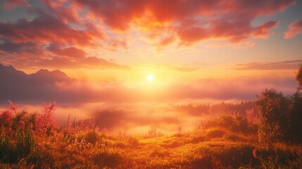A breathtaking sunrise illuminates a misty landscape, with vibrant clouds and lush greenery in the foreground, creating a serene and picturesque scene.