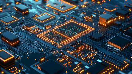 Close Up View Of Glowing Circuit Board With Microchip