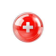 Obraz premium Glossy Red Circle with White Cross - Swiss Flag Icon, Medical Symbol