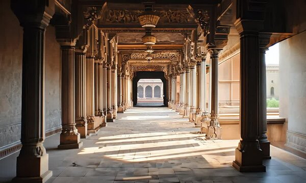 Sunlight streams through a colonnade with intricate carvings, creating a captivating corridor