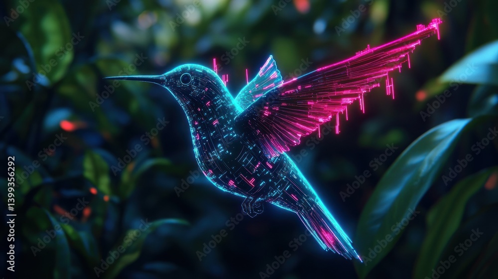 Poster a futuristic neon hummingbird with subtle glowing circuits forming on its wings. background wallpape