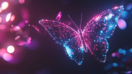 Glowing cybernetic butterfly with delicate neon circuit wings, background wallpaper AI generated image