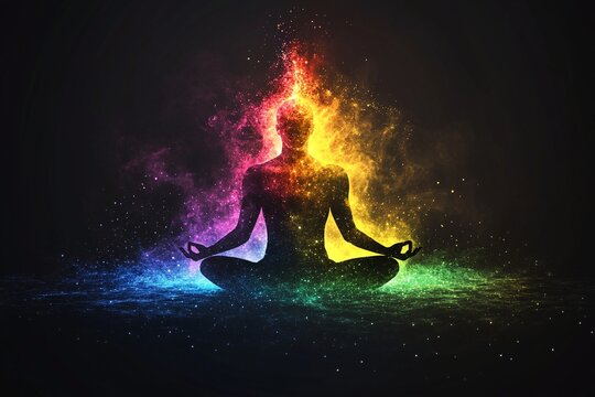 Serene silhouette of a person meditating, engulfed in vibrant, colorful energy.  A captivating image of inner peace.