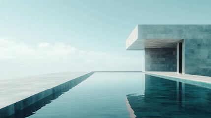 Modern concrete house with pool overlooking a serene landscape.