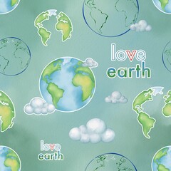 Love earth theme seamless pattern on shade of green background. Watercolor earth or globe with line art. Earth day illustration on pattern for paper, fabric and background. 